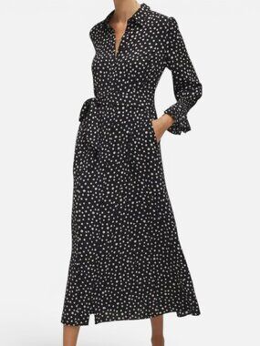 Chico’s Black White Polka Dot Maxi Shirt Dress Smocked Cuff Sz 0.5 (6)